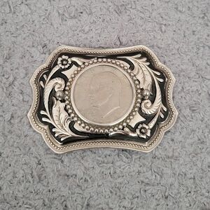 Vintage Eisenhower Coin Belt Buckle With Silver And Black Design Collectibles